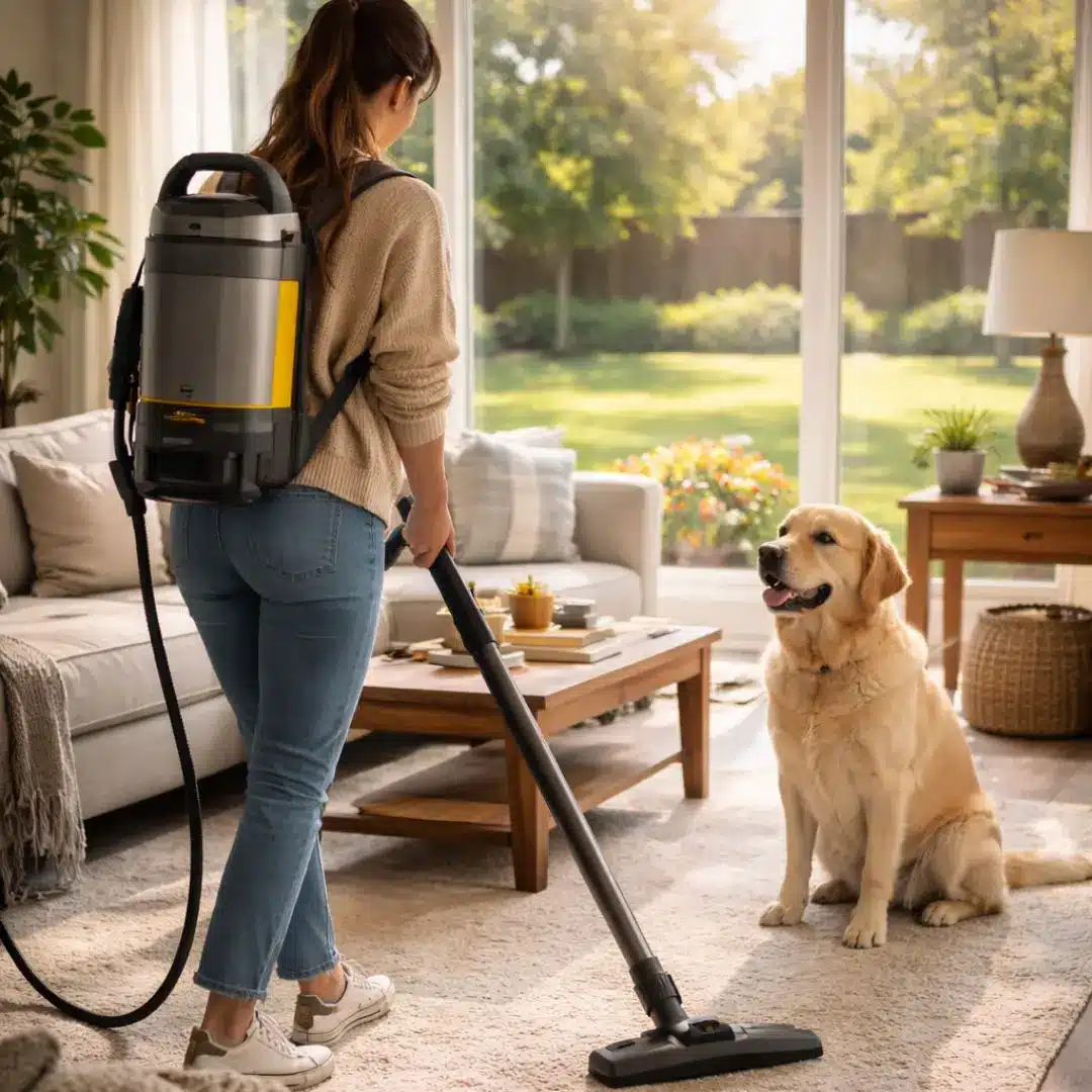House cleaning in Frisco, TX: cleaner using a backpack vacuum with HEPA media filtration in a living room while a golden retriever sits nearby