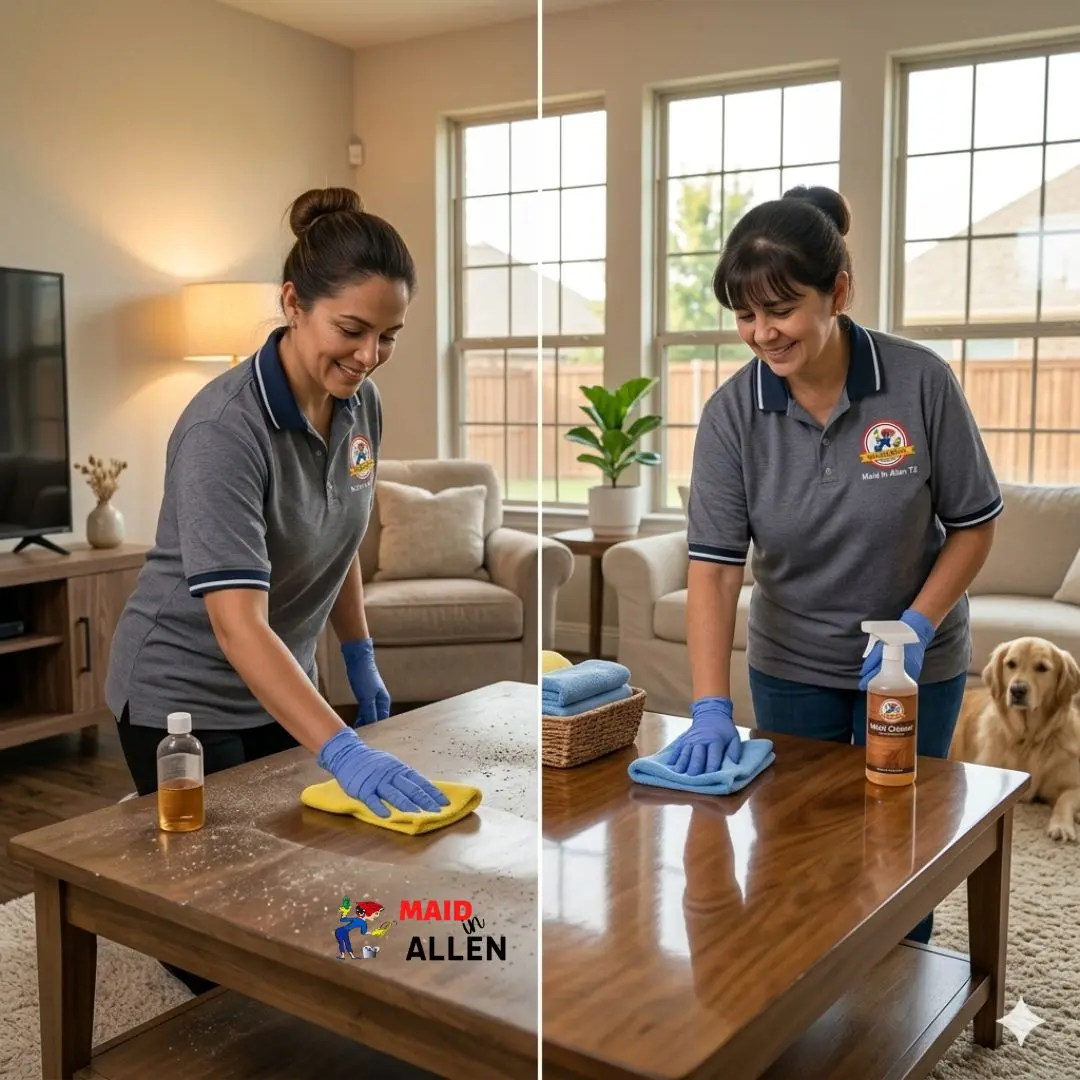 Bi-weekly house cleaning in Allen, TX: two Maid in Allen TX cleaners dusting a living room coffee table