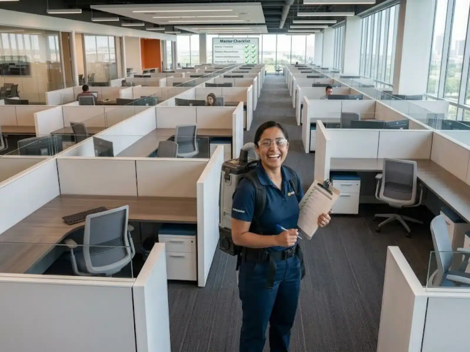 Office cleaning checklist in Allen, TX: Maid in Allen TX cleaner with a clipboard in an open-plan cubicle office