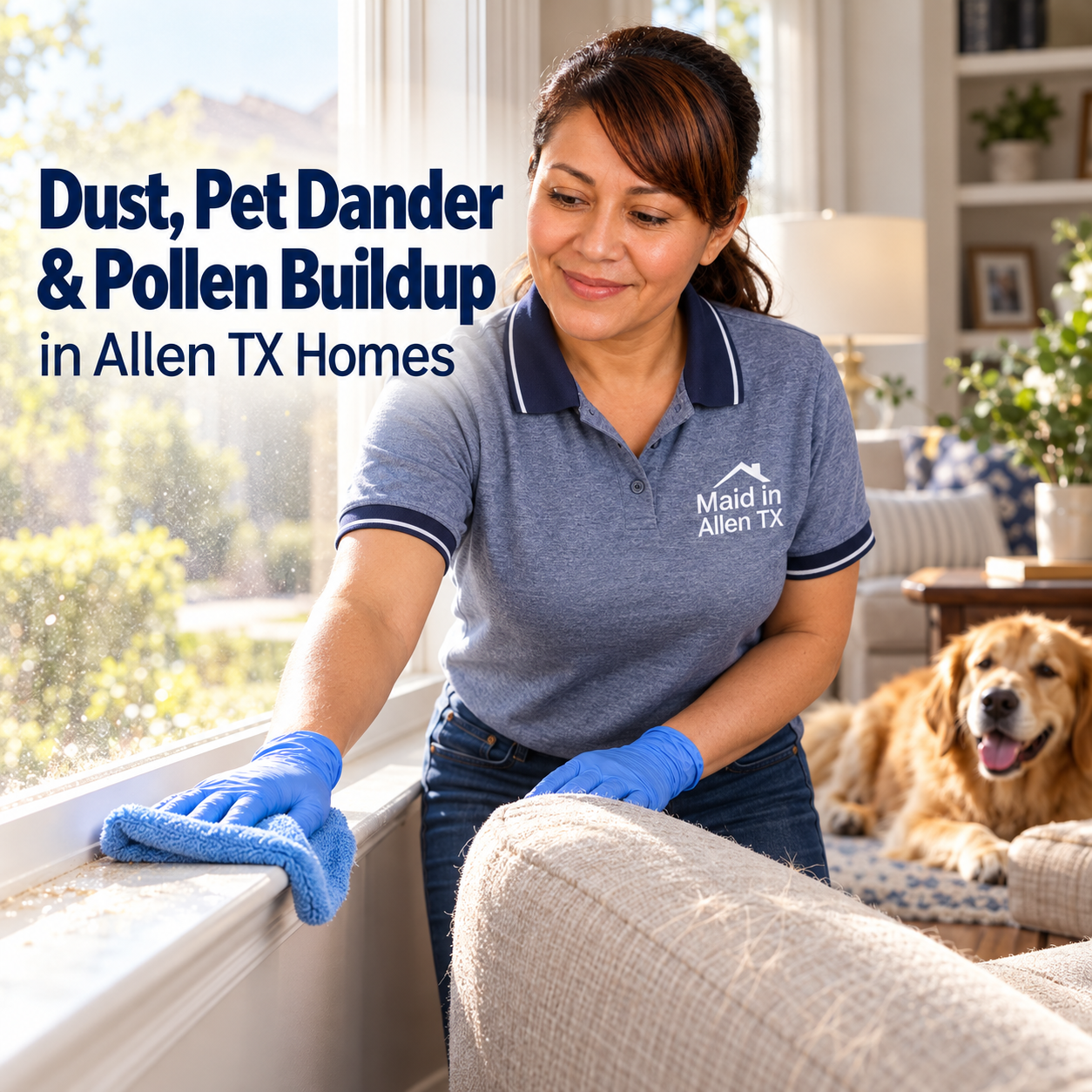 Dust, pet dander and pollen buildup on surfaces in a North Dallas, Texas home